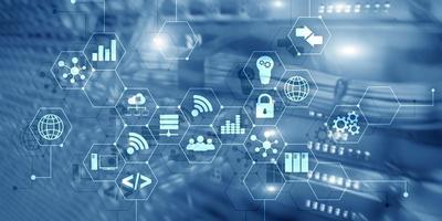 Digital concept internet of things information and telecommunication technology. Double exposure icons and server room background photo