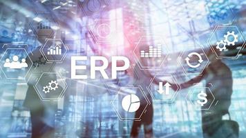 sistema erp, planificación de recursos empresariales en un fondo borroso. concepto de innovación y automatización empresarial foto