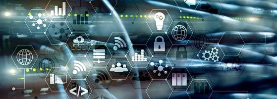 ICT - information and telecommunication technology and IOT - internet of things concepts. Diagrams with icons on server room backgrounds photo