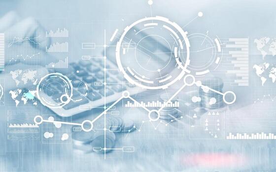 Creative digital abstract business interface background. Financial chart graph diagram and icon on virtual screen. Double exposure. photo