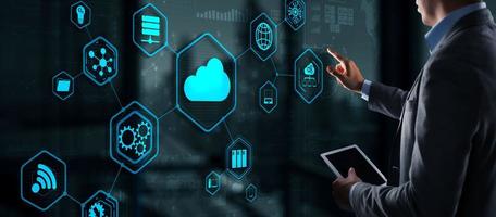 Futuristic Display. Cloud computing touchscreen interface business man finger touch cloud photo