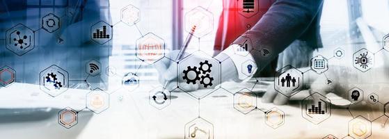 Gears icons engineering manufacturing automation innovation structure abstract concept. photo