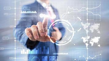 Business intelligence BI Key performance indicator KPI Analysis dashboard transparent blurred background. photo