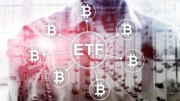 Bitcoin ETF cryptocurrency trading and investment concept on double exposure background. photo