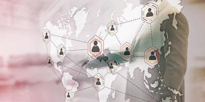 Social network with connected people 3D icons on map. Background for presentations. photo