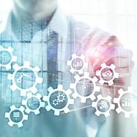 Automation technology and smart industry concept on blurred abstract background. Gears and icons. photo