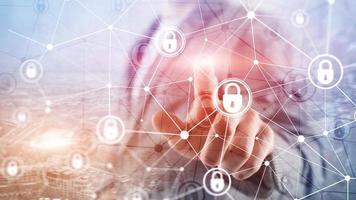 Cyber security, information privacy, data protection concept on modern server room background. Internet and digital technology concept. photo