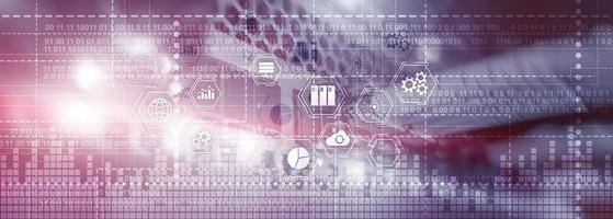 Binary code. ICT - information and telecommunication technology and IOT - internet of things concepts. photo