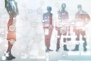 Technology industrial business process workflow organisation structure on virtual screen. IOT smart industry concept mixed media diagram. photo