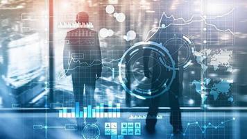 Business intelligence BI Key performance indicator KPI Analysis dashboard transparent blurred background. photo