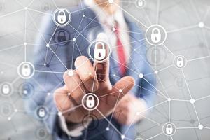 Cyber security, information privacy, data protection concept on modern server room background. Internet and digital technology concept. photo