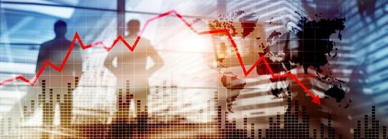 Chart with red down arrow on abstract background. Falling growth in busines photo