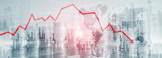Chart with red down arrow on abstract background. Falling growth in business photo