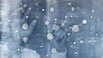 Technology industrial business process workflow organisation structure on virtual screen. IOT smart industry concept mixed media diagram photo