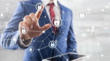 Cyber security, information privacy, data protection concept on modern server room background. Internet and digital technology concept. photo