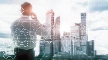 Gears mechanism, digital transformation, data integration and digital technology concept. photo