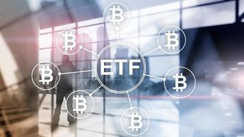 Bitcoin ETF cryptocurrency trading and investment concept on double exposure background. photo