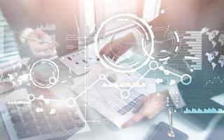 Creative digital abstract business interface background. Financial chart graph diagram and icon on virtual screen. Double exposure. photo