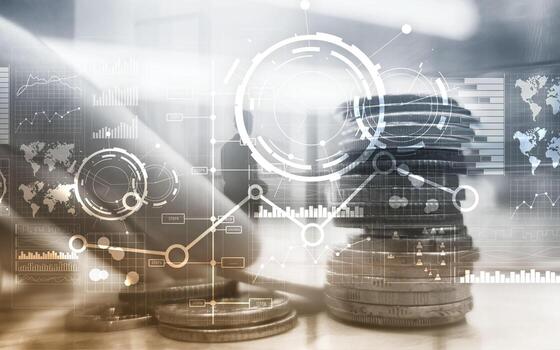 Creative digital abstract business interface background. Financial chart graph diagram and icon on virtual screen. Double exposure. photo