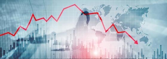 Chart with red down arrow on abstract background. Falling growth in business photo