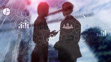 Business process abstract diagram with gears and icons. Workflow and automation technology concept photo