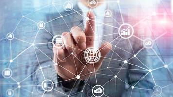 ICT - information and telecommunication technology and IOT - internet of things concepts. Diagrams with icons on server room backgrounds photo