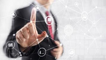 ICT - information and telecommunication technology and IOT - internet of things concepts. Diagrams with icons on server room backgrounds photo