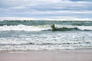 Blue sea, waves, beach and cloudy sky. Baltic Sea landscape photo