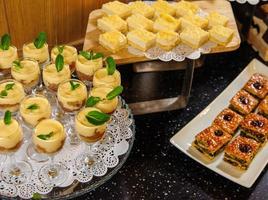 A closeup shot of a buffet table with desserts and sweets photo