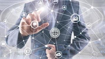 ICT - information and telecommunication technology and IOT - internet of things concepts. Diagrams with icons on server room backgrounds photo