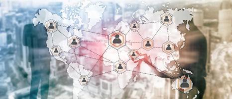 Social network with connected people 3D icons on map. Background for presentations. photo