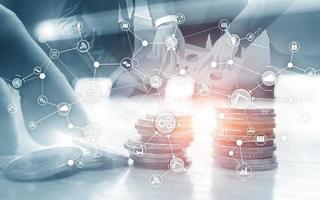 Industrial business process workflow organisation structure on virtual screen. IOT Technology smart industry concept on oins and megapolis background photo