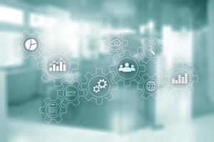 Blurred Office Space. Business Technology process abstract diagram with gears and icons. Workflow and automation technology concept photo