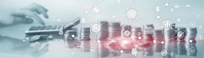 ommunication network. Horizontal Panoramic Business Background. Organisational structure on virtual banner photo
