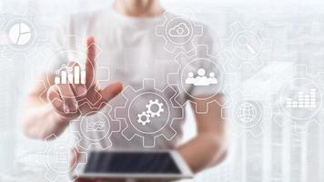 Business process abstract diagram with gears and icons. Workflow and automation technology concept. photo