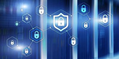 Cyber security data protection information privacy concept of blurred server room background. photo