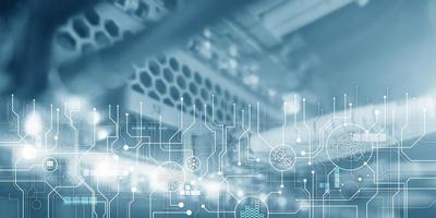 Futuristic blue user interface. Schematic electronic draft server room information communication technology background. Template design copy space photo