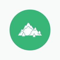 mountain. landscape. hill. nature. tree White Glyph Icon in Circle. Vector Button illustration