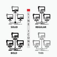 database. distributed. connection. network. computer Icon in Thin. Regular. Bold Line and Glyph Style. Vector illustration