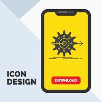 actuación. Progreso. trabajar. ajuste. icono de glifo de engranaje en el móvil para la página de descarga. fondo amarillo vector