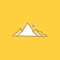 montaña. paisaje. Cerro. naturaleza. icono lleno de línea plana de sol. hermoso botón de logotipo sobre fondo amarillo para ui y ux. sitio web o aplicación móvil vector