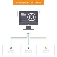 information. content. development. website. web Business Flow Chart Design with 3 Steps. Glyph Icon For Presentation Background Template Place for text. vector