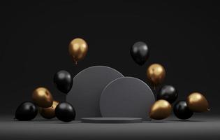 Round black podium is decorated with gold and black balloons. on an abstract black background. 3d illustration 3d rendering photo