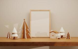 Natural wood table top with Christmas tree and natural light frame on creamy white wall. 3d illustration 3d rendering photo