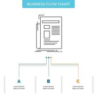 gaceta. medios de comunicación. noticias. Boletin informativo. diseño de diagrama de flujo de negocios de periódicos con 3 pasos. icono de línea para el lugar de plantilla de fondo de presentación para texto vector