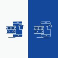 compras. vestidos. comprar. en línea. línea de tienda y botón web de glifo en banner vertical de color azul para ui y ux. sitio web o aplicación móvil vector