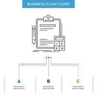 contabilidad. bancario. calculadora. Finanzas. diseño de diagrama de flujo de negocio de auditoría con 3 pasos. icono de línea para el lugar de plantilla de fondo de presentación para texto vector