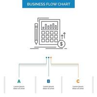 cálculo. datos. financiero. inversión. diseño de diagrama de flujo de negocios de mercado con 3 pasos. icono de línea para el lugar de plantilla de fondo de presentación para texto vector