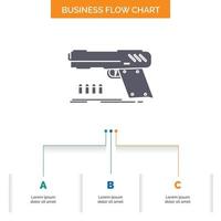 gun. handgun. pistol. shooter. weapon Business Flow Chart Design with 3 Steps. Glyph Icon For Presentation Background Template Place for text. vector