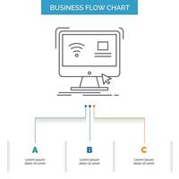 control. computadora. monitor. remoto. diseño de diagrama de flujo empresarial inteligente con 3 pasos. icono de línea para el lugar de plantilla de fondo de presentación para texto vector